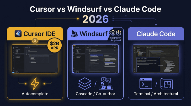 Cover Image for Cursor vs Windsurf vs Claude Code in 2026: Which AI Code Editor Actually Wins